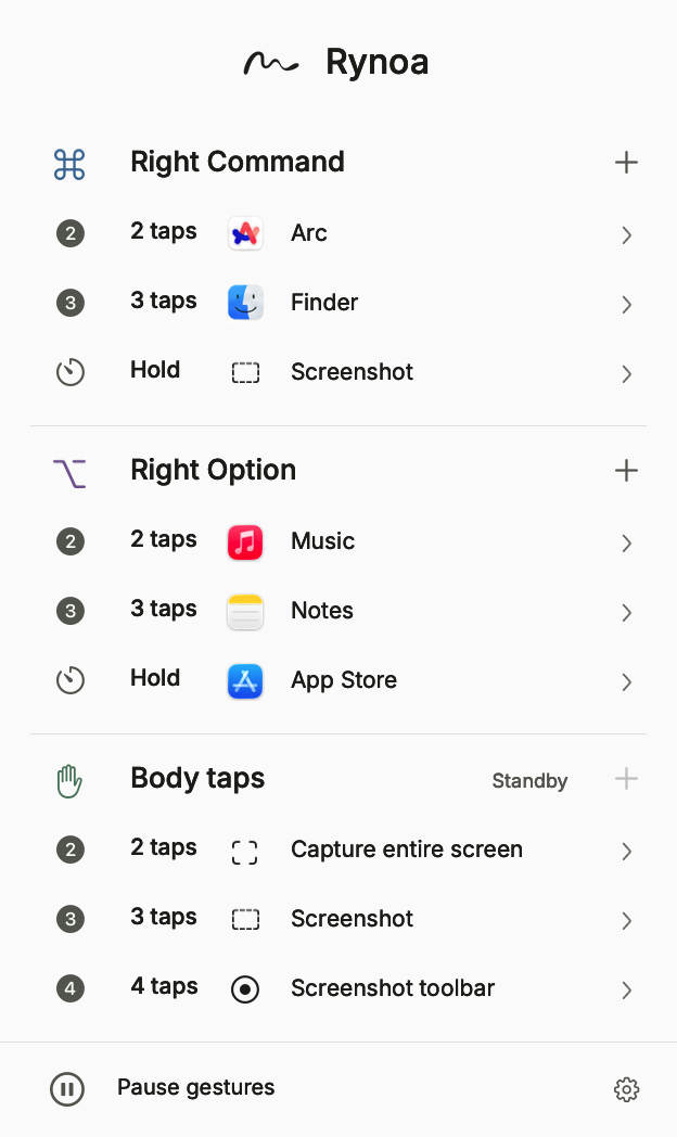 Rynoa menu bar panel in light mode, showing configured actions and a plus button to add gestures
